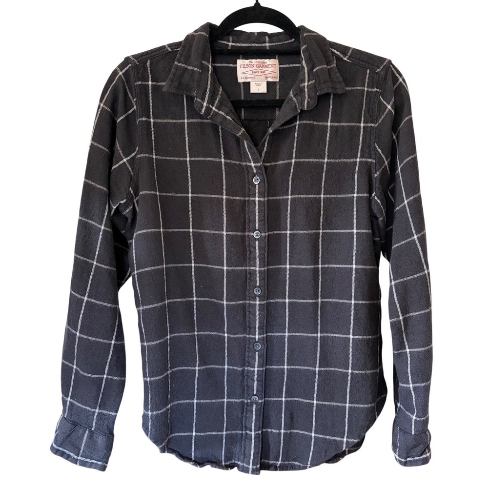 Filson Garment Womens Windowpane Plaid Flannel Black Button Down Shirt Large